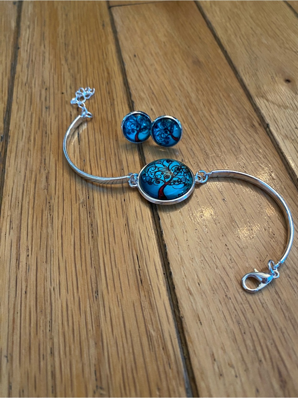 Blue Tree of Life Silver Bracelet and Stud Earrings Set